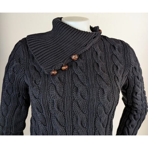 Ralph Lauren Womens Sweater Small Black Cable Knit Turtleneck Leather Buttons - Picture 2 of 10